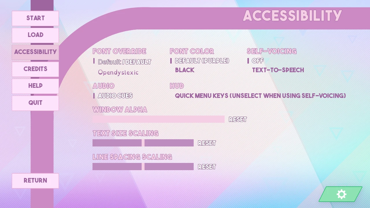 Custom accessibility panel with sections: Font override, Font color, Self-voicing, Audio, HUD, Window alpha, Text size scaling, Line spacing scaling